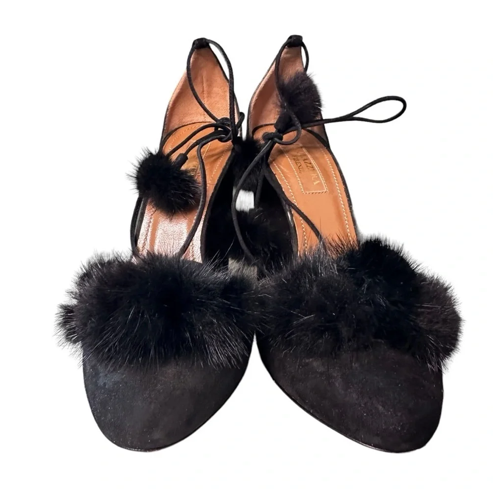 Aquazzura | Black Suede Wild Russian D'Orsay Pom Pom Ankle Wrap Pumps Size 37